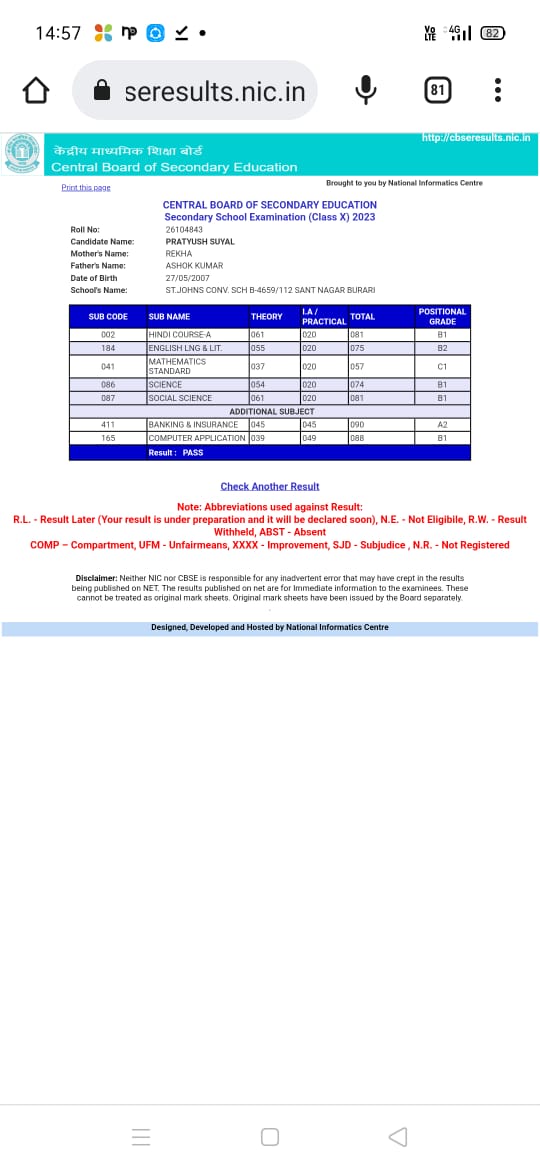 Pratyush - 81% in Social Science and 75% in Science from St. John's Convent School